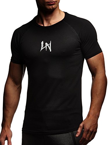 Leif Nelson Camiseta para Hombre con Cuello Redondo de Gimnasia Ropa de Deporte LN-8041N Negro-Gris Large