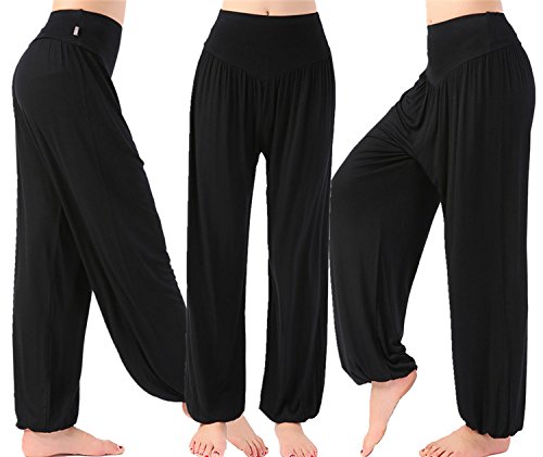 Leisial Pantalones de Yoga Algodón Suave Piernas Pantalones Anchos Sólido Color Elástico Pretina Pantalones Bombachos de Fitness Bailan Deportivo para Mujeres,Color Negro Talla XL