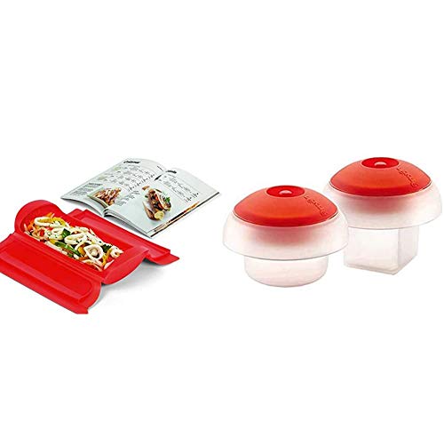Lékué - Kit Estuche de vapor 1,2 personas + libro de recetas, 650 ml, Silicona + Kit 2 OVOS (Cub+CIL), Silicona, Blanco/Transparente, centimeters