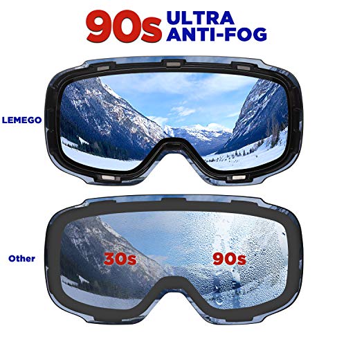 LEMEGO Gafas de Esquí, Gafas de Snowboard Sin Marco magnético Intercambiable 100% UV400 Protección Doble Capa Lente Correa Antideslizante Casco Compatible para Hombres y Mujeres Jóvenes (Plata)