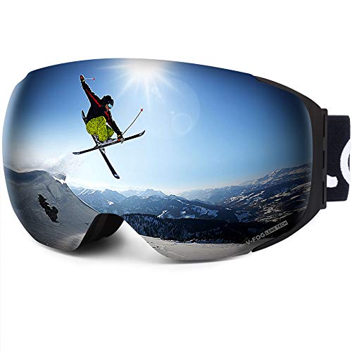 LEMEGO Gafas de Esquí, Gafas de Snowboard Sin Marco magnético Intercambiable 100% UV400 Protección Doble Capa Lente Correa Antideslizante Casco Compatible para Hombres y Mujeres Jóvenes (Plata)