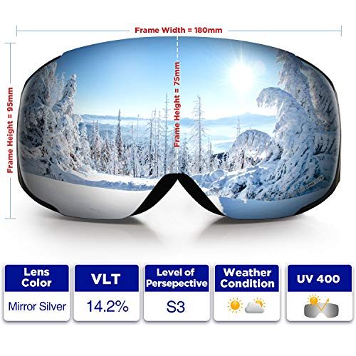 LEMEGO Gafas de Esquí, Gafas de Snowboard Sin Marco magnético Intercambiable 100% UV400 Protección Doble Capa Lente Correa Antideslizante Casco Compatible para Hombres y Mujeres Jóvenes (Plata)