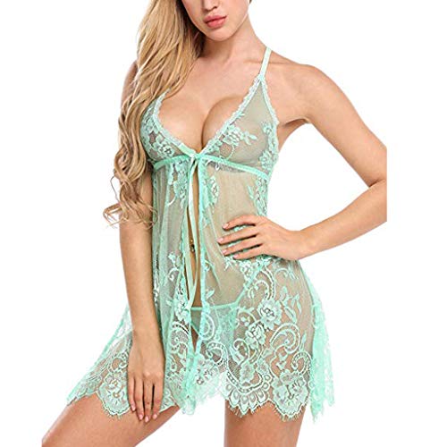 Lenceria Erotica de Mujer,SHOBDW Babydolls Lenceria Sexy Ropa Interior Vestido Camisola De Encaje Arco Tangas G String Conjunto De Ropa De Dormir De Talla Grande para Mujer(Verde,XXL)