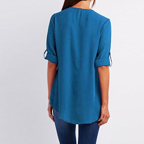 Lenfesh Camiseta de Gasa para Mujer, Sexy Atractiva Cuello V Mangas Medias Camisas Tops Blusas Blusa con Cremallera Escote (M, Azul)