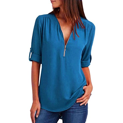 Lenfesh Camiseta de Gasa para Mujer, Sexy Atractiva Cuello V Mangas Medias Camisas Tops Blusas Blusa con Cremallera Escote (M, Azul)
