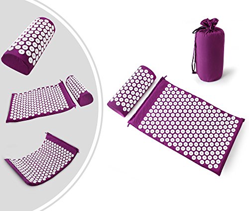 Leogreen - Alfombra de Acupuntura y Juego de Almohadas, Estera Set de Masaje, Púrpura, con bolsa y almohada, Estándar/Certificación: ROHS, Numero de clavos: 66 piezas en la almohada