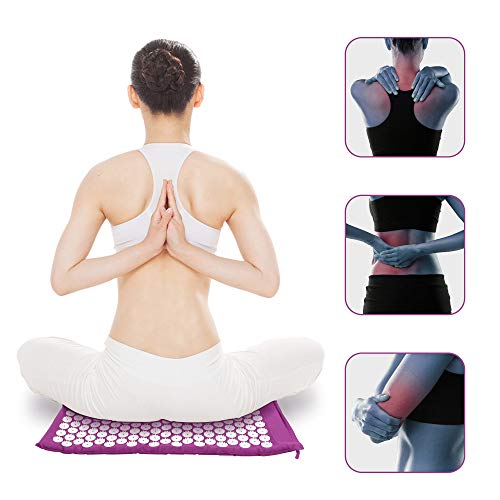 Leogreen - Alfombra de Acupuntura y Juego de Almohadas, Estera Set de Masaje, Púrpura, con bolsa y almohada, Estándar/Certificación: ROHS, Numero de clavos: 66 piezas en la almohada