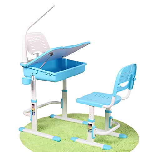Leomark Smart Escritorio con Silla Regulable para Niños, con Cajón y Lámpara Led, Altura Regulable, Color Azul