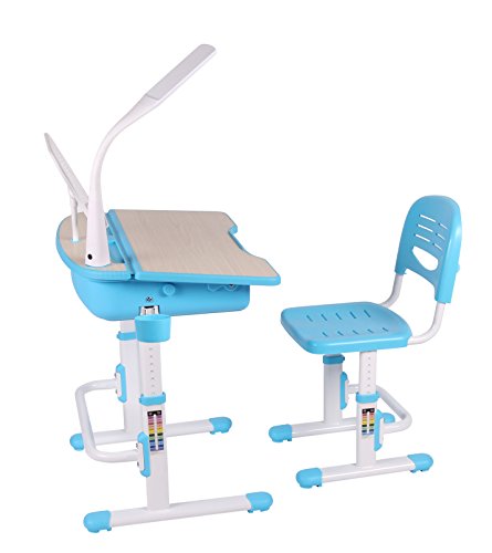Leomark Smart Escritorio con Silla Regulable para Niños, con Cajón y Lámpara Led, Altura Regulable, Color Azul