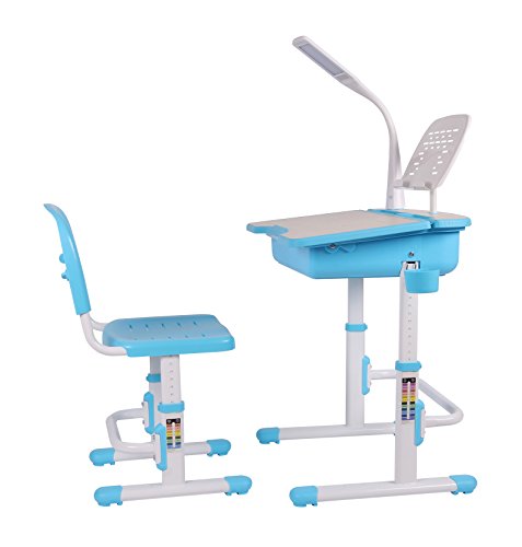 Leomark Smart Escritorio con Silla Regulable para Niños, con Cajón y Lámpara Led, Altura Regulable, Color Azul