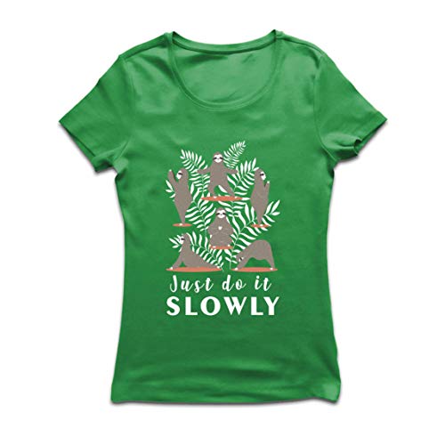 lepni.me Camiseta Mujer Hazlo despacio Perezoso Perezoso Yoga Poses Cita Divertida (Small Verde Multicolor)