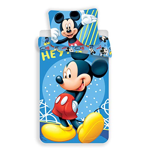LesAccessoires Disney - Juego de cama (3 piezas, funda nórdica y funda de almohada y sábana bajera ajustable, 100% algodón), diseño de Mickey Mouse
