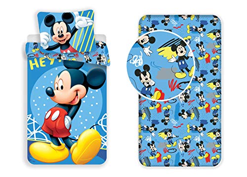 LesAccessoires Disney - Juego de cama (3 piezas, funda nórdica y funda de almohada y sábana bajera ajustable, 100% algodón), diseño de Mickey Mouse