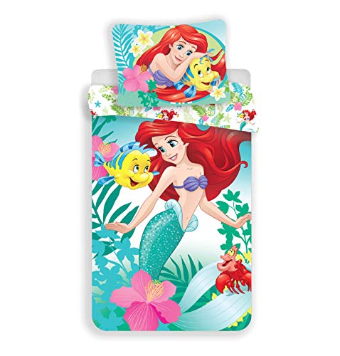 LesAccessoires Juego de Ropa de Cama de 3 Piezas de Disney Princesas Ariel, Cama de mar, Funda nórdica + Funda de Almohada + sábana Bajera Ajustable 100% algodón