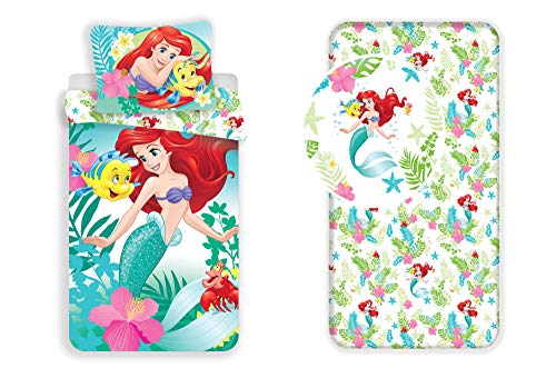 LesAccessoires Juego de Ropa de Cama de 3 Piezas de Disney Princesas Ariel, Cama de mar, Funda nórdica + Funda de Almohada + sábana Bajera Ajustable 100% algodón