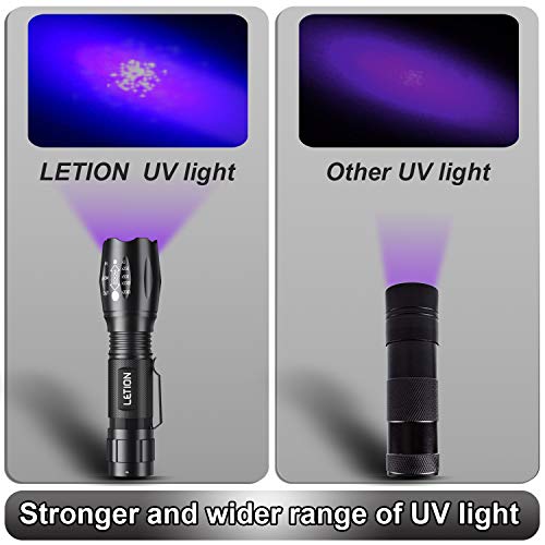 LETION Linterna Ultravioleta，Luz Negra UV 2 en 1 con 500LM&Linterna Tactica&Modo 4 & Impermeable IPX4 para Ropa de Mascotas Detección de Hongos,3 Baterías Incluidas[Clase de eficiencia energética A]