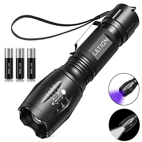 LETION Linterna Ultravioleta，Luz Negra UV 2 en 1 con 500LM&Linterna Tactica&Modo 4 & Impermeable IPX4 para Ropa de Mascotas Detección de Hongos,3 Baterías Incluidas[Clase de eficiencia energética A]