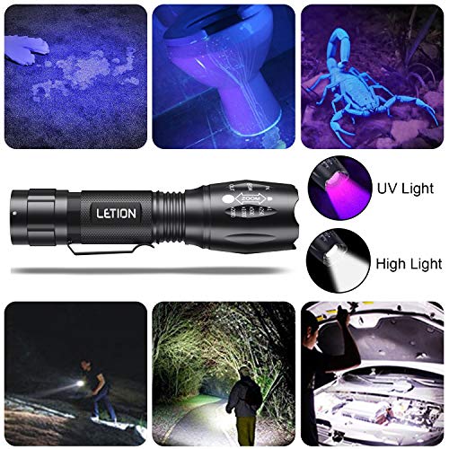 LETION Linterna Ultravioleta，Luz Negra UV 2 en 1 con 500LM&Linterna Tactica&Modo 4 & Impermeable IPX4 para Ropa de Mascotas Detección de Hongos,3 Baterías Incluidas[Clase de eficiencia energética A]