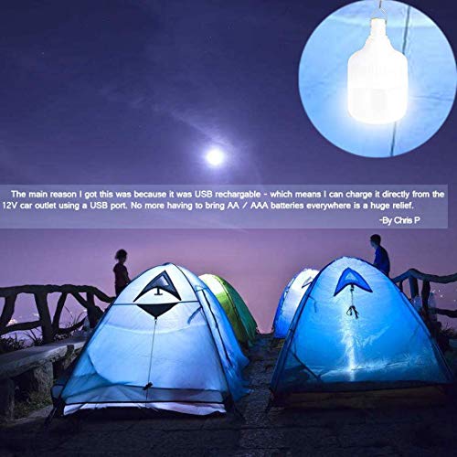 LETOUR Farol de Acampada, Bombilla de luz LED con Colgador, Recargable por USB 60W 5000 lúmenes 5 Niveles Regulables, luz portátil para Trabajar y para Exteriores Camping Patio jardín Barbacoa