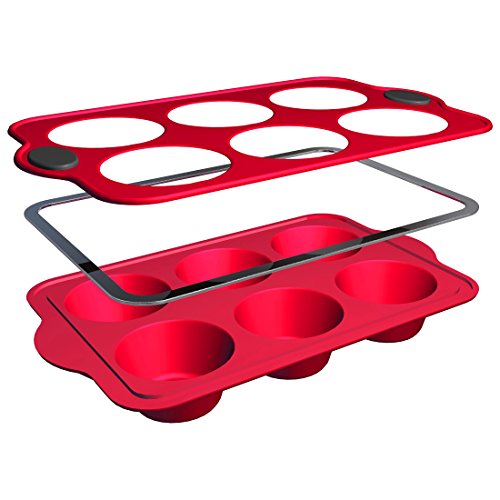 Levivo Bandeja de horno con 6 cavidades para magdalenas, molde de silicona para 6 magdalenas o cupcakes, rojo, molde de silicona para magdalenas, molde de silicona, molde para cupcakes, 27,5 x 17 cm