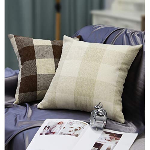 Lewondr Enrejado Funda de Almohada de Lino,2 Pack 45 * 45 cm Funda de Cojín Cuadrado Moderna de Enrejado Protectora de Almohada para Sofá Cama Decoración del Hogar,Coche，Beige