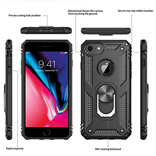 LeYi Funda iPhone SE 2020/6 / 6S / 7/8 Armor Carcasa con 360 Anillo iman Soporte Hard PC y Silicona TPU Bumper antigolpes Fundas Case para movil iPhone 7 con HD Protector de Pantalla,Negro