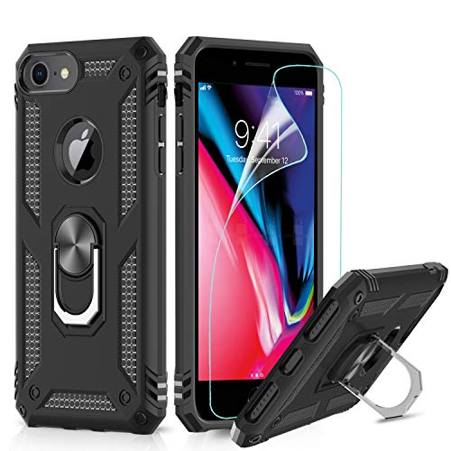 LeYi Funda iPhone SE 2020/6 / 6S / 7/8 Armor Carcasa con 360 Anillo iman Soporte Hard PC y Silicona TPU Bumper antigolpes Fundas Case para movil iPhone 7 con HD Protector de Pantalla,Negro