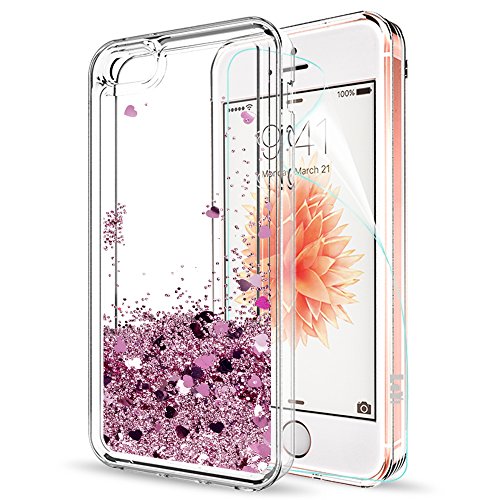 LeYi Funda iPhone SE / 5S / 5 Silicona Purpurina Carcasa con HD Protectores de Pantalla,Transparente Cristal Bumper Telefono Gel TPU Fundas Case Cover para Movil iPhone SE / 5S / 5 ZX Oro Rosa