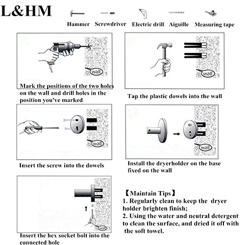 L&HM Soporte de secador Pelo de Acero Inoxidable, Titular Cromado para Baño Dormitorio Peluquería 11 x 8.5 x 13CM
