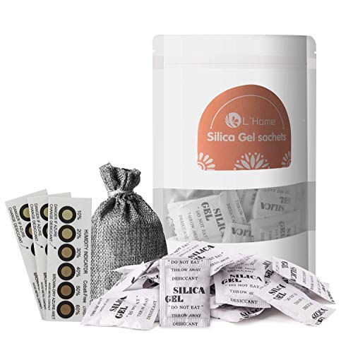 L'Home 5 g× 50 paquetes de bolsas de gel de sílice desecante paquetes regenerativos, paquetes desecantes de gel de sílice seguros (1 bolsa y 3 tarjetas de humedad)