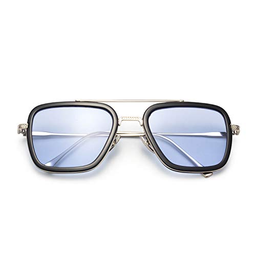 LianSan Retro Iron Man Aviador Gafas de sol Tony Stark Marco de metal para hombres mujeres (Azul)