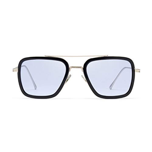 LianSan Retro Iron Man Aviador Gafas de sol Tony Stark Marco de metal para hombres mujeres (Azul)