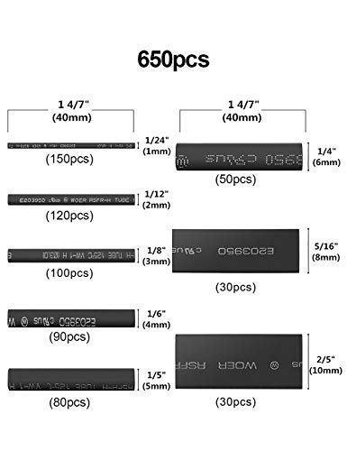 LIBERRWAY Tubo Termorretráctil 650 Piezas 2: 1 Poliolefina Tubo Termoretráctil Envoltura de Alambre 8 Tamaño-Negro