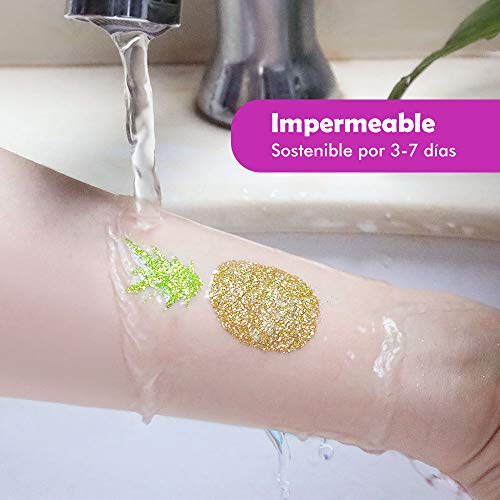 Lictin Kit de Tatuajes Temporales Niñas con Brillantina-Tatuajes Purpurina con 30 Colores,10 Plantillas de Tatuaje Temporales.3 Bolígrafos para Tatuajes,Impermeable y No Tóxico para el cuepo
