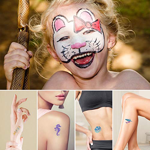 Lictin Kit de Tatuajes Temporales Niñas con Brillantina-Tatuajes Purpurina con 30 Colores,10 Plantillas de Tatuaje Temporales.3 Bolígrafos para Tatuajes,Impermeable y No Tóxico para el cuepo