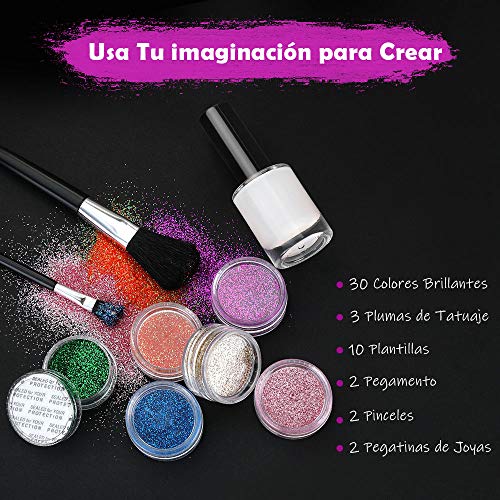 Lictin Kit de Tatuajes Temporales Niñas con Brillantina-Tatuajes Purpurina con 30 Colores,10 Plantillas de Tatuaje Temporales.3 Bolígrafos para Tatuajes,Impermeable y No Tóxico para el cuepo