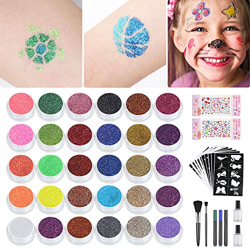 Lictin Kit de Tatuajes Temporales Niñas con Brillantina-Tatuajes Purpurina con 30 Colores,10 Plantillas de Tatuaje Temporales.3 Bolígrafos para Tatuajes,Impermeable y No Tóxico para el cuepo