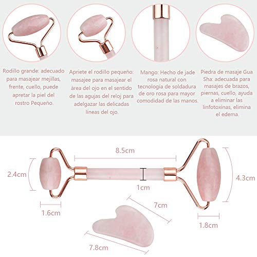 Lictin Rodillo de Jade Facial Masaje- 2 pcs Gua Sha Facial, Masajeador Cara Jade, Masajeador Roller Tools Anti Aging Belleza Natural Dispositivo Herramienta para Cara Ojos Cabeza Cuello Cuerpo