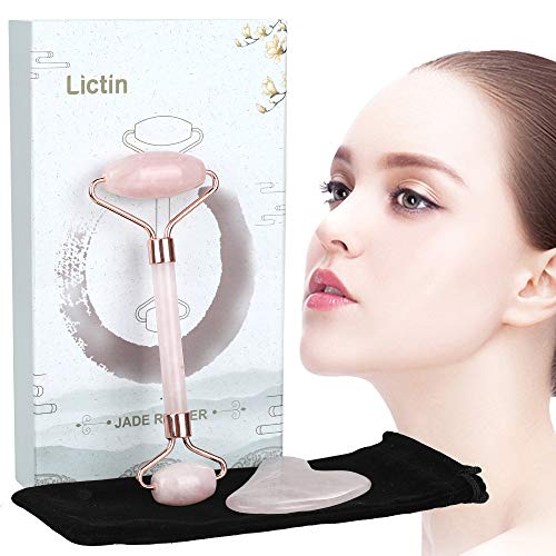 Lictin Rodillo de Jade Facial Masaje- 2 pcs Gua Sha Facial, Masajeador Cara Jade, Masajeador Roller Tools Anti Aging Belleza Natural Dispositivo Herramienta para Cara Ojos Cabeza Cuello Cuerpo