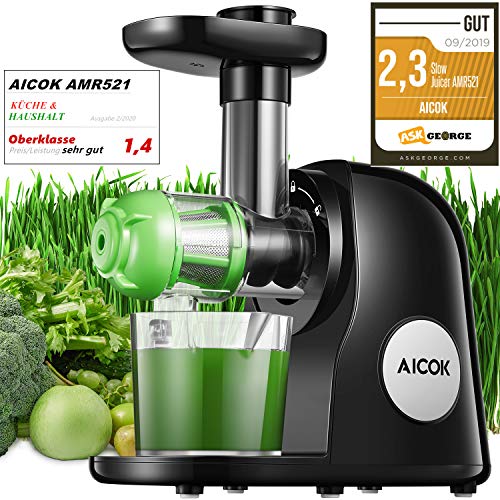 Licuadora Prensado en Frio, Aicok Licuadora Frutas Verduras con Función inversa, Extractor de zumos con Motor Silencioso, Fácil de limpiar con un cepillo, Libre de BPA, Negro