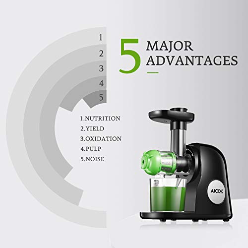 Licuadora Prensado en Frio, Aicok Licuadora Frutas Verduras con Función inversa, Extractor de zumos con Motor Silencioso, Fácil de limpiar con un cepillo, Libre de BPA, Negro