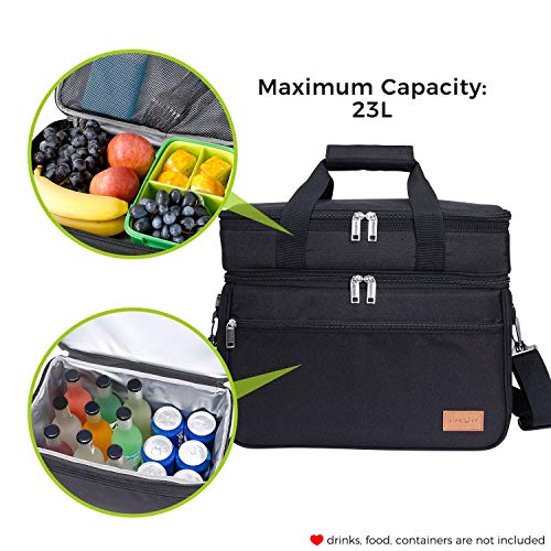 Lifewit Bolsa Térmica Grande Porta Alimentos de Refrigeración Aislamiento Doble Compartimentos Bolsa de Enfriamiento con Correa Ajustable Bolso para Picnics, Fiestas, Camping, Negro