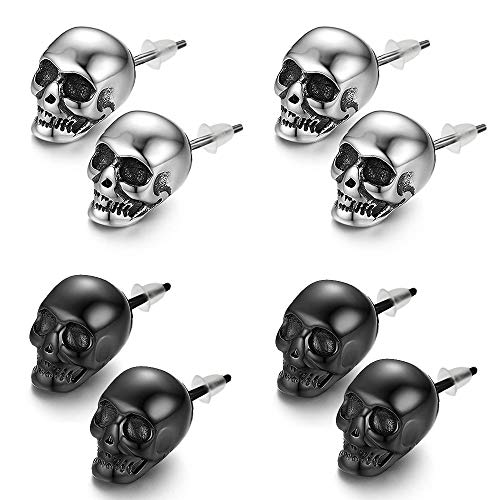 Lifreer - 4 pares de pendientes de calavera de cobre chapado en oro, estilo punk rock estilo calavera para hombre y mujer (plateado y negro)