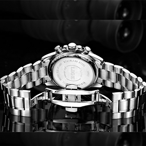 LIGE Men's Watch Stainless Steel Chronograph Waterproof Design Wristwatches Big Dial Elegant Classic Sports Analog Date