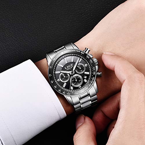 LIGE Men's Watch Stainless Steel Chronograph Waterproof Design Wristwatches Big Dial Elegant Classic Sports Analog Date