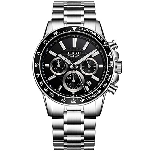LIGE Men's Watch Stainless Steel Chronograph Waterproof Design Wristwatches Big Dial Elegant Classic Sports Analog Date
