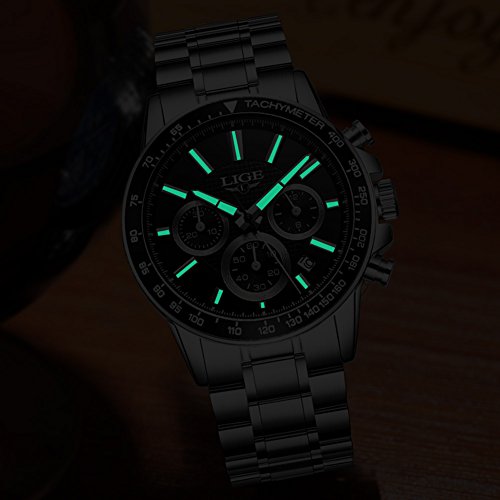 LIGE Men's Watch Stainless Steel Chronograph Waterproof Design Wristwatches Big Dial Elegant Classic Sports Analog Date
