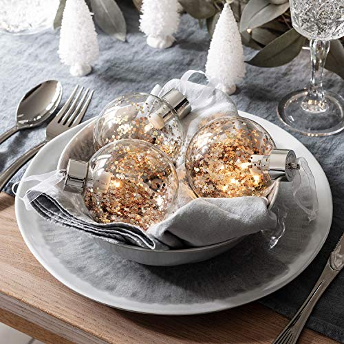 Lights4fun - Juego de 3 Bolas de Navidad de Vidrio con Purpurina Dorada con LED Bianco Caldo a Pile per Natale