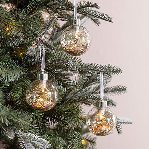 Lights4fun - Juego de 3 Bolas de Navidad de Vidrio con Purpurina Dorada con LED Bianco Caldo a Pile per Natale
