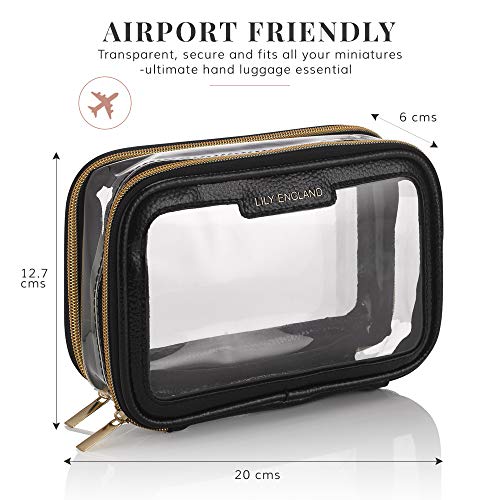 Lily England Neceser Transparente Organizador de Maquillaje para Viajar - Pequeño Estuche de Cosméticos para el Aeropuerto - Negro y Dorado